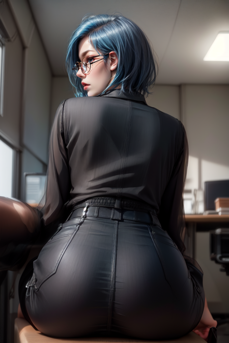 (realistic, photo-realistic:1.2), face sitting, 1girl, in an office outfit, office lady, professional, boss like, stockings, short tight skirt, blue hair, short hair, looking disappointed, glasses, showing ass, hand adjusting glasses, round glasses, (RAW photo, best quality), (realistic, photo-realistic:1.2),  (Masterpiece), 8k, best quality, ultra-detailed , full body, cinematic lighting,  <lora:more_details:0.7>,