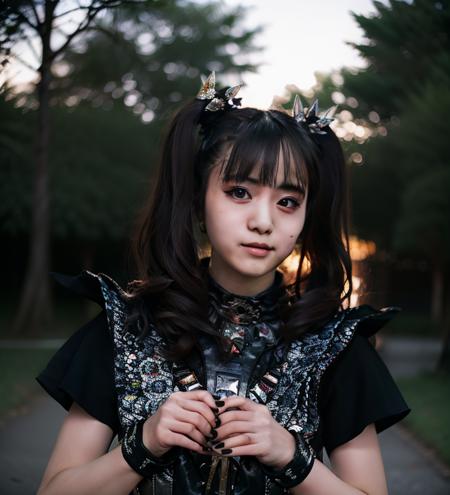 realistic, photorealistic, detailed, beautiful, RAW photo, film grain, (natural lighting :1.2), asian, woman, raw photo, photo background, black hair,  dark, metal, moa kikuchi,m0akiku, punk style, black and red outfit, 20 years old, detailed black eyes,  <lora:m0akiku:0.95>, bokeh, park