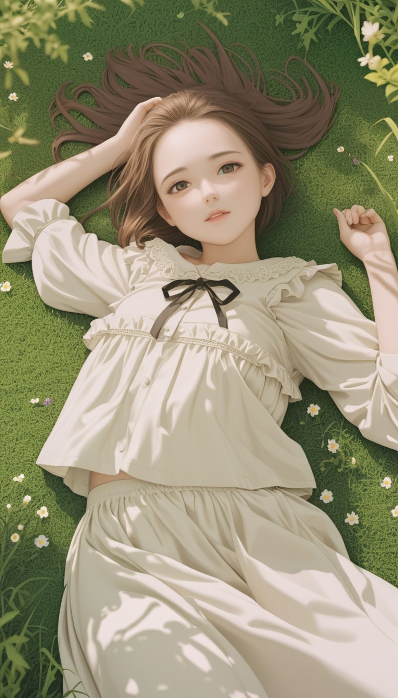 a girl lying on grass