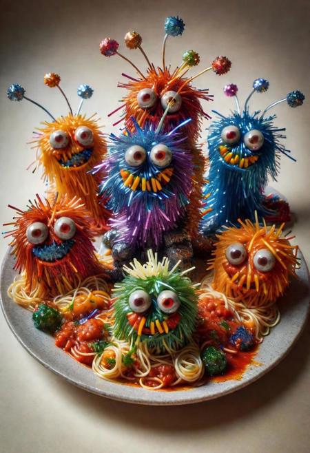 [Red, orange, yellow, green, blue, indigo, violet] scary noodle monster spaghetti horde made of ral-tinsel, bloody macaroni meatballs mini monsters tomato sauce caos bolognese made of ral-tinsel