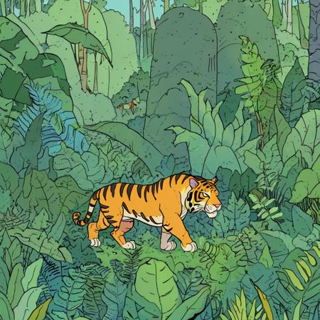 high-quality 4k hd flat-color cartoon artwork in jmst artstyle of a tiger in the jungle