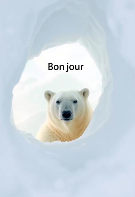 Polar bear in a snow cavern, Shy polar bear. The polar bear is barely visible, only his head are patially out of the snow cavern. The polar bear is saying "Bonjour". Text: "Bonjour"