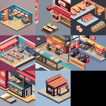 isometric sushi store, isopixel style