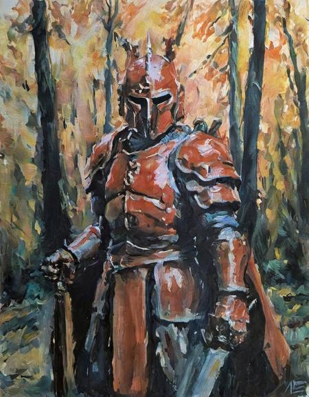 oil on canvas,"Wrathguard", Movie still, Ambient lighting, 800mm lens, One Color, anime art designed by Studio Ghibli, <lora:OIL_ON_CANVAS_v3:1>