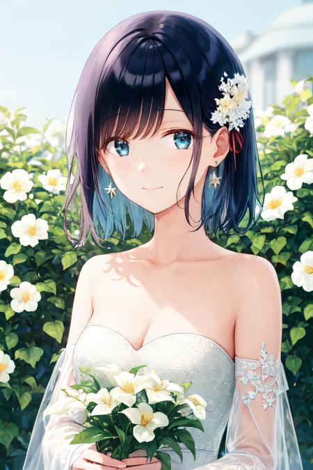 <lora:hiten_style:1>hiten style, ribbon, smile, cleavage, 1girl, jewelry, solo, strapless dress, blue hair, holding bouquet, bare shoulders, strapless, looking at viewer, wedding dress, blue eyes, medium breasts, holding, white dress, closed mouth, upper body, blush, detached sleeves, short hair, earrings, bouquet, see-through, flower, white flower, dress, sidelocks, collarbone, hair flower, hair ornament