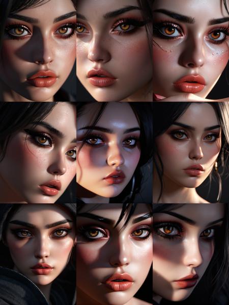((exotic, alluring, sexy, lustful facial expression, lusty, lascivious)), (beautiful gorgeous face), (squinted:1.5), (detailed pupils:1), (piercing eyes:1.2), (dark eyeshadows:2), (black eyeliners:1), (blush cheeks:0.8), (lipstick:0.9, lipgloss:0.9), (full lips:1.2), (plump lips:0.8), (pouty lips:1.5), (freckle face:1.2), (ultra-detailed greasy sweaty skin:1.2), ((masterpiece)), (Ultra-HD), (high-resolution), (16k), (epic), (insanely detailed:1), (photorealistic:1), anime style, concept art, drawing, edge lines, harsh shadows, high contrast, RAW candid cinema, (film grain), professional film photography:1.2, photorealistic, (dark background, harsh shadows, warm colors, dark colors theme, high contrast)