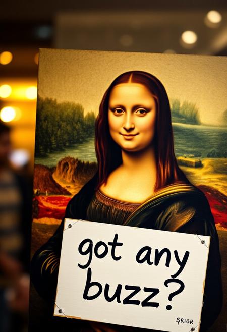 The mona lisa painting holding a sign that says „got any buzz?“ while winking, blurry background