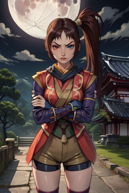 Akane,brown hair,heterochromia,ponytail,side ponytail, mean face, 
looking at viewer, arm crossed arms, 
toeless legwear,thighhighs,armor,fingerless gloves, black bike shorts,scarf,
 upper body, 
from above, standing, Japanese building,nighttime,moon,Sengoku period, wall, 
(insanely detailed, beautiful detailed face, masterpiece, best quality) 
 <lora:AkaneYagyu-10v4:0.7>