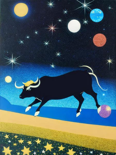 <lora:HiroshiNagai:1>a painting of a bull running through a field of stars and planets in the sky by Hiroshi Nagai