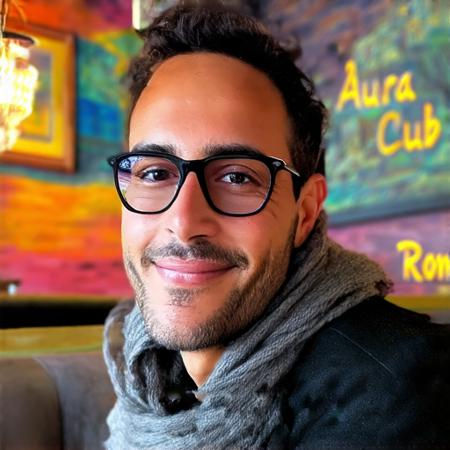 black-framed glasses that rest on his nose, polished material, possibly of Mediterranean or Latin descent, upscale nightclub called "Aura Club Roma." The man is smiling at the camera, hoomb. This photograph captures a man seated in what appears to be an upscale indoor setting, colorful mural or artwork., with a light complexion and short, gray scarf wrapped around his neck.