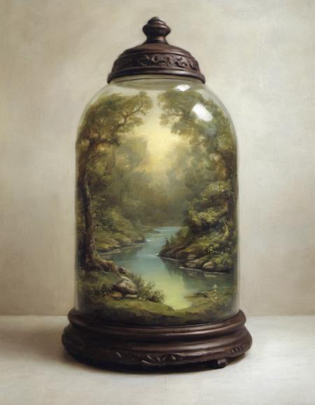 oil painting of a tiny fairy world with infinitesimal forest and glades and rivers under glass bell jar whole society of mini luminescent magical fairies in a jar beautifully detailed and richly complex interior rustic room background