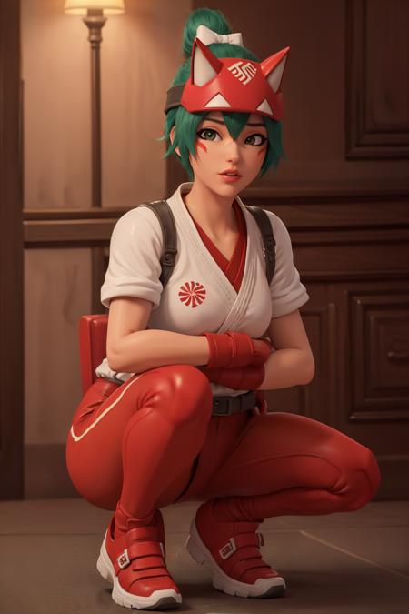 realistic, realism, photorealism, photo-realistic, high contrast, (photorealistic:1.4), 8k high definition detailed realistic, (best quality, masterpiece:1.2), NSFW,  photon mapping, radiosity, physically-based rendering, best quality, highly detailed, 1girl, (owkiriko), kiriko \(overwatch\), green hair, red headwear, (red leggings),  ((full body)), outside, squatting, sneakers,