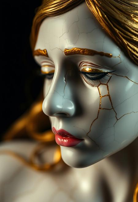 Closeup of a Cracked Porcelain woman, sad face, gold hair, kintsugi, cracks repaired with gold, golden tear drops, surrealistic, dark background, dramatic light