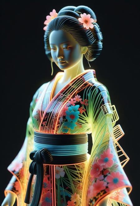 <lora:World_of_Glass_Filament:0.6> made of, tiny neon (glass:1.1) filaments, w0gf1l, Android, geisha, with robotic parts, in flowery kimono, Intricate details, 8 k, cinematic <lora:sss:0.8> subsurface scattering, sss <lora:envyStarlight_v10:0.8>