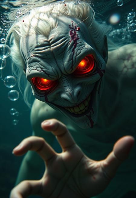 underwater horror, terrifying creature, glowing orange eyes, pale cracked skin, white hair, creepy smile, reaching hand, surreal nightmare, ghostly figure, bloody forehead, eerie underwater scene, floating orbs, horror fantasy, unsettling presence, demonic entity