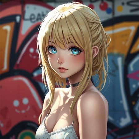 A anime girl with blonde hair and blue eyes in front of graffiti, octane rendering, unreal engine 5, beautiful women, 32k uhd, realistic scenery, charming characters, pop culture, shiny, head and shoulders portrait, 8k resolution concept art portrait by Greg Rutkowski, Artgerm, WLOP, Alphonse Mucha dynamic lighting hyperdetailed intricately detailed Splash art trending on Artstation triadic colors Unreal Engine 5 volumetric lighting