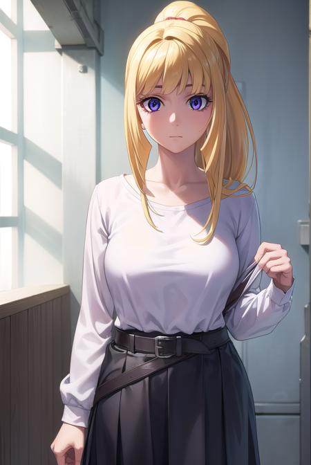 kudelia aina bernstein, (purple eyes:1.1), long hair, blonde hair, bangs, blunt bangs,  kudelia aina bernstein, (purple eyes:1.1), long hair, blonde hair, bangs, blunt bangs, ponytail, gloves, dress, red dress, white gloves, capelet, gown, red gown, apricot, black apricot, skirt, shirt, long sleeves, belt, long skirt, white shirt, collar bone, green skirt,