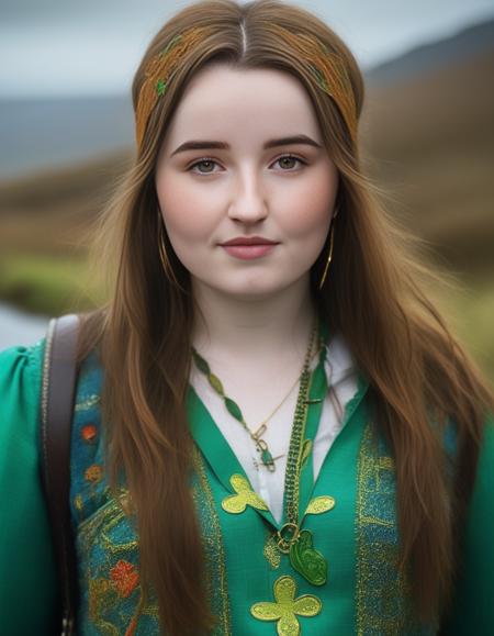 KaitlynDever,<lora:KaitlynDeverSDXL:1>,candid shot, An Irish girl, style of spirit of Ireland, celticpunk, gaelic, surroundings of Connemara, irish spring colour, insane details, intricate details, hyperdetailed, bokeh,  rainy and sunlight, vibrant colors, Nikon D800, 85mm, f1.4,