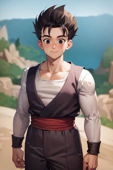 (masterpiece:1.3), best quality, ultra-detailed, <lora:db_gohan-10:0.8>, cowboy shot, solo, male focus, 1boy, son gohan, smile, closed mouth, looking at viewer, black hair, black eyes, dougi, canyon