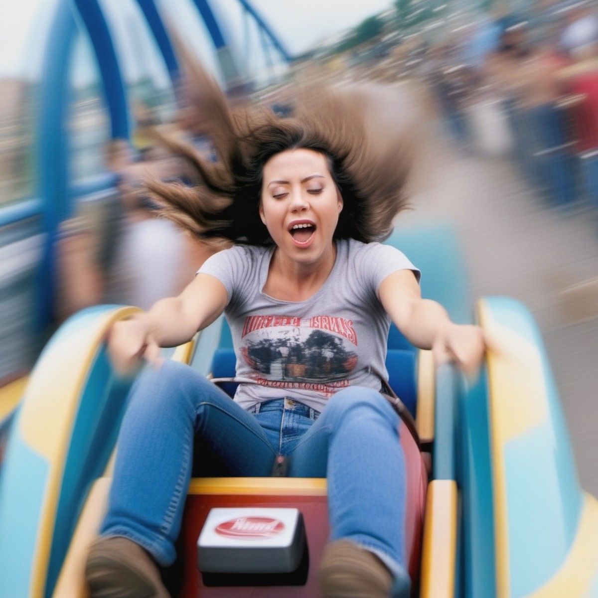 aubreyplaza A excited woman on a roller-coaster, hair flying through the air and she floats at moment of weightlessness. W...