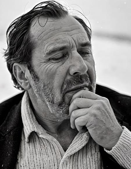 art by David Mann, Peter Smeeth and Alvin Langdon Coburn, close up of a Exhausted Husband, Collar, Snowy, Masterpiece, Cosy, Hyperpop, Canon EF, F/2.8, Grayscale, close-up