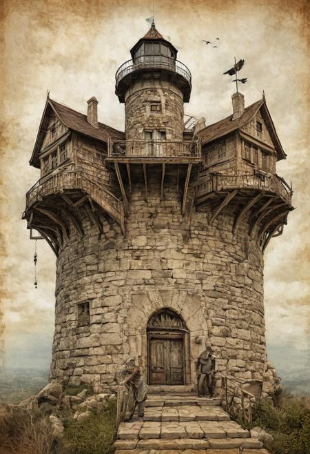 Epic high conceptual digital illustration, hyper realistic intricate artwork, creation of an image that is showcasing grand landscapes with historic watchtowers, emphasizing the guardianship over time, sharp focus, vintage atmospheric ambience, art on old paper, Oli and ink on canvas, dedicated watercolor, masterpiece painting, pen and pencil, deep sharpness, intricate detailing, award winning portrait by Kingshuk's craziness