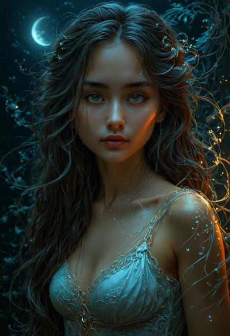 This high-quality, 8K Ultra HD portrait captures a captivating woman in a moonlit setting, with her delicate features illuminated by a soft, diffused glow that emphasizes the intricacies of her expression. The artist, inspired by Sargent's precision, meticulously details every subtle contour of her face, her gaze, and the cascading strands of her hair. The mysterious ambiance of the scene showcases the artist's mastery of shadow and light, reminiscent of da Vinci's expertise, creating an enchanting interplay that accentuates the enigmatic aura surrounding the woman. Shadows skillfully dance across her features, deepening her gaze and adding an air of secrecy to the composition, all brought to life by the talented artist yukisakura.