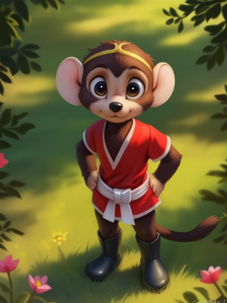   TezOsaMonBokSon, primate, monkey, red shirt, white belt, golden headband, black boots, chibi, 