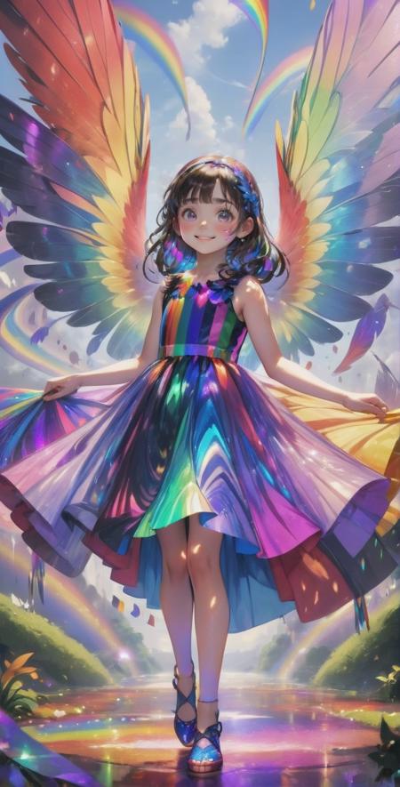 A girl was wearing a colorful dress with colorful patterns and lines. Behind her is a pair of super large colorful wings, each of which shines with different colors, such as red, orange, yellow, green, blue, purple, etc., giving people a dreamlike feeling. Some feathers are falling in the sky, and they also inherit the colorful colors of their wings and fall on the ground to form a beautiful rainbow path. The girl stood confidently, her eyes sparkling with courage and determination, her smile brimming with vigor and joy. The whole scene is full of fantasy and magic, showing the girl's unique personality and cool style.