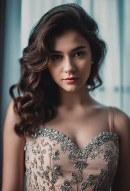 instagram photo, front view, portrait photo of a 24 y.o woman, wearing dress, beautiful face, cinematic shot