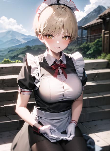 <lyco:marina1-000006:1.0>, marinarnd, upper body, smile, blush, outdoors, day, simple background, blue sky, sky, temple, looking at viewer, stairs, mountain, moody lighting, facing viewer, white headwear, black thighhighs, apron, maid headdress, maid outfit,