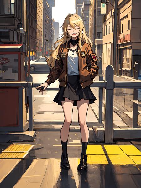 ((masterpiece, best quality)), (1girl), (solo), (female focus), (blonde long hair), closed eyes, happy smile, open mouth, headset, (brown bomber jacket), (black skirt), hands in pockets, (cityscape), sideview, looking at viewer,