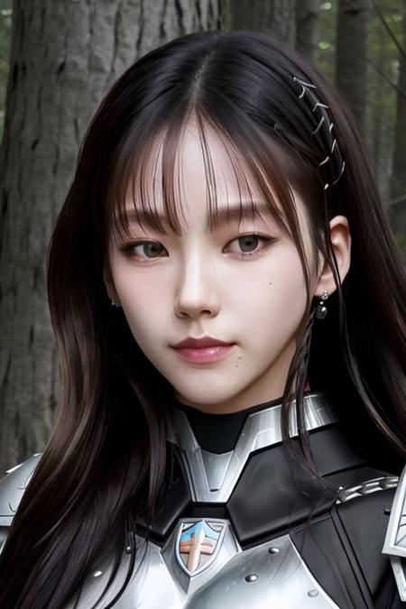 a aespakarina, perfect eyes, (ultra realistic:1.5), (standing in forest:1.2), (close-up photo:1.5), (black paladin armor:1.2), (intricate:1.2), (looking at camera:1.2), (best quality:1.2), <lora:aespakarina-v4-bngs-anlg:1>