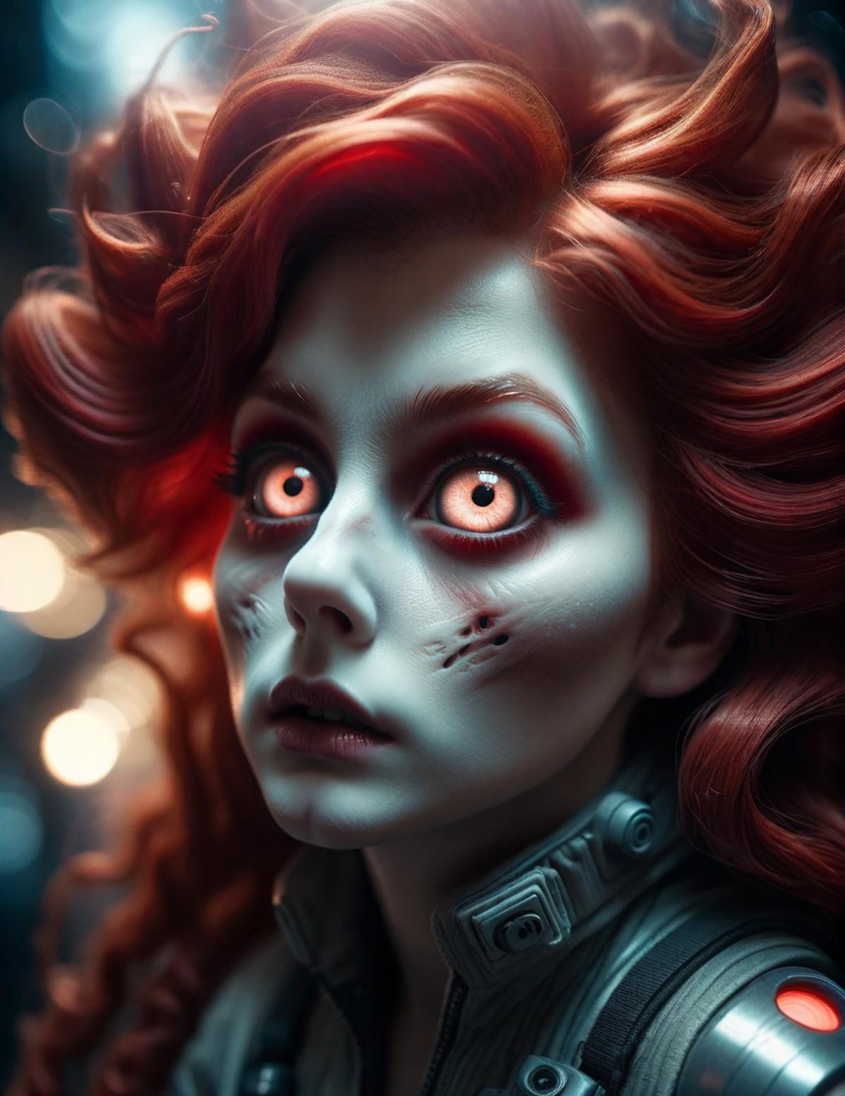 A woman with red hair and scary eyes staring into the camera.