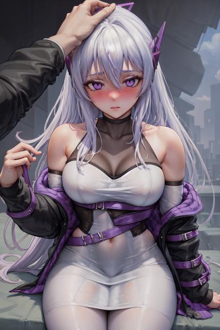 Highly detailed, High Quality, Masterpiece, beautiful, Meina, purple eyes, <lora:Meina:0.85>, headgear, jacket, open jacket, HeadpatPOV, headpat, pov, <lora:Pos_HeadpatPOV:1>, shy, blush,