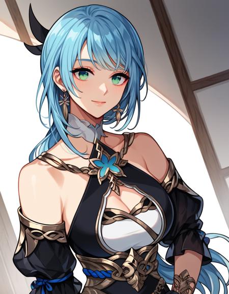  skyblue hair, blonde ombre, long hair, swprt bangs, side bangs, black back hair ornament, light green eyes, enya costume, cleavage, off shoulder, short sleeves, backless outfit