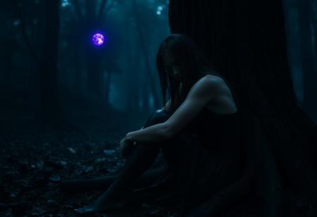 poor ambient light,  dim dappled shadowed  lighting, illumination  only from unstable faint purple spell orb,  goth themed, breathtaking Masterwork Hd cinematic photo, densely foggy  dank ancient dark fantasy woods, young sleek beautiful Celtic woman, slippery vantablack  latex infused materials , scared vulnerable lost soul, shyly huddled in darkness, sitting self-hugging knees, back against root/trunk