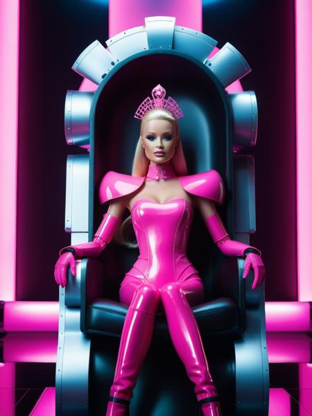 <lora:03realismPainting_Hap_XL:2.6>, A captivatingly dark and futuristic portrait of an Empress Barbie, dressed in vibrant pink latex, seated regally on a formidable robotic throne. Flanking her are towering robotic guards, their mechanical features casting a chilling shadow. The empress' regal presence is accentuated by her thigh-high latex boots with stiletto heels, robotic gloves, and an elegant crystal helmet adorning her head. The opulent futuristic palace, bathed in neon light, shadows, and steel, envelops the scene, showcasing high-tech opulence intertwined with royal tyranny. The image is a stunning blend of stylized detail, intricacy, and octane rendering, making it a trending masterpiece on Artstation. The soft natural volumetric cinematic light, combined with chiaroscuro, ev, Miki Asai Macro photography, close-up, hyper detailed, trending on artstation, sharp focus, studio photo, intricate details, highly detailed, by greg rutkowski