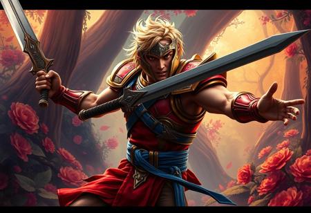 Litmus Doom Swordsman, Masters of the Universe, dynamic action pose, arms outstretched, poised for battle, in a vibrant Lost Forest background, rich floral detail. Iconic red and gold armor, blue belt, messy blonde hair, fierce expression, facing right, striking composition. Captivating lighting. Fantasy illustration, trending on ArtstationHQ, CGSociety, 4K, hyperdetailed, cinematic, Unreal Engine 5, Octane Render, beautiful matte painting, splash ink elements, Raphael & Houdini influence, dramatic colors, golden ratio.