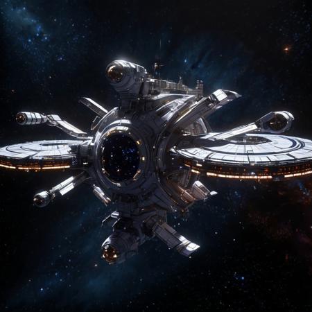 Design a breathtaking scene set in the vastness of space, where a futuristic spaceship is gracefully docking with a massive space station. Imagine this spacecraft as a marvel of human engineering, with sleek lines, glowing accents, and an array of advanced technologies on display. The space station, a towering structure with intricate details and multiple docking ports, serves as a bustling hub of interstellar activity.

As the spaceship aligns perfectly with the docking bay, highlight the intricate dance of mechanical arms and magnetic locks securing the two structures together. Add a dramatic touch with a vibrant nebula glowing in the background, its vivid colors contrasting the dark void of space. Enhance the sense of depth and movement with stars streaking across the scene, creating a captivating starfield.

Include subtle lighting effects to showcase the reflective surfaces of the spaceship and space station, emphasizing their metallic sheen. Perhaps add a few smaller vessels or spacewalkers nearby, providing a sense of scale and additional visual interest. The overall composition should evoke a sense of wonder, showcasing the beauty and excitement of space exploration and the potential of human ingenuity in the future.

