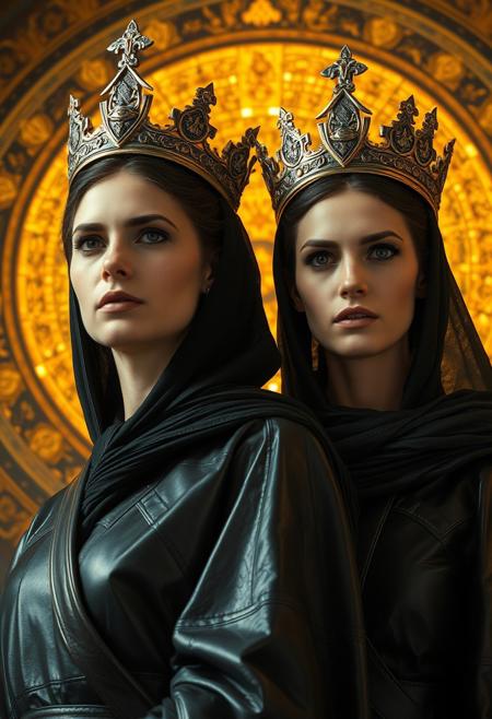 the reign of the two mother empresses in the byzantine empire in a dystopian future, a glowing golden mosaic in the background of the two woman, futuristic crowns on their head, wearing dark leather robes, enraptured looks towards the camera, full body. 
Maria Komnene, an educated and charismatic noblewoman from the Komnenos lineage—a family with historical claims to the throne. She was known for her strategic abilities and was considered a skilled negotiator. Theodora Doukaina, a pious and equally assertive woman from the Doukas dynasty. She was renowned for her diplomatic talents and enjoyed high regard both within the clergy and among the general populace."