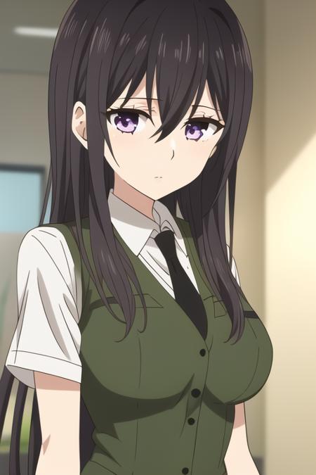 masterpiece, best quality,1girl,solo,aihara mei,black hair,long hair,hair between eyes,hair over breasts,purple eyes,expressionless,school uniform,dress shirt,green vest,short sleeves,black necktie,brown checkered skirt,green socks,<lora:aiharamei:0.8>