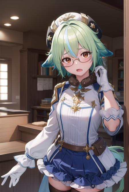 sucrose, <lora:sucrose-lora-nochekaiser:1>,
sucrose, ahoge, animal ears, (brown eyes:1.5), glasses, gradient hair, hair between eyes, messy hair, multicolored hair, semi-rimless eyewear, short hair, green hair, <lora:yudedako_v100:1>, <lora:wavymouth_type2_v100:1>, open mouth,
BREAK frills, fur collar, gem, gloves, green thighhighs, long sleeves, thighhighs, white headwear, zettai ryouiki, skirt, blue skirt,
BREAK indoors, laboratory,
BREAK looking at viewer, (cowboy shot:1.5),
BREAK <lyco:GoodHands-beta2:1>, (masterpiece:1.2), best quality, high resolution, unity 8k wallpaper, (illustration:0.8), (beautiful detailed eyes:1.6), extremely detailed face, perfect lighting, extremely detailed CG, (perfect hands, perfect anatomy),