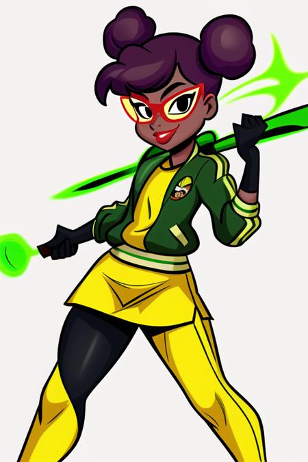 <lora:april_rtmnt:0.7>  masterpiece, best quality, 1girl, solo, smile, short hair, dark skin, black eyes, double bun, makeup, glasses, lipstick, dot pupils, simple background, yellow shirt, green jacket, leggins, delicated ilumination, baseball bat,