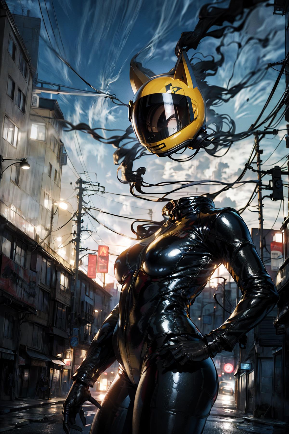 A woman in a black, shiny bodysuit with a yellow helmet on her head.