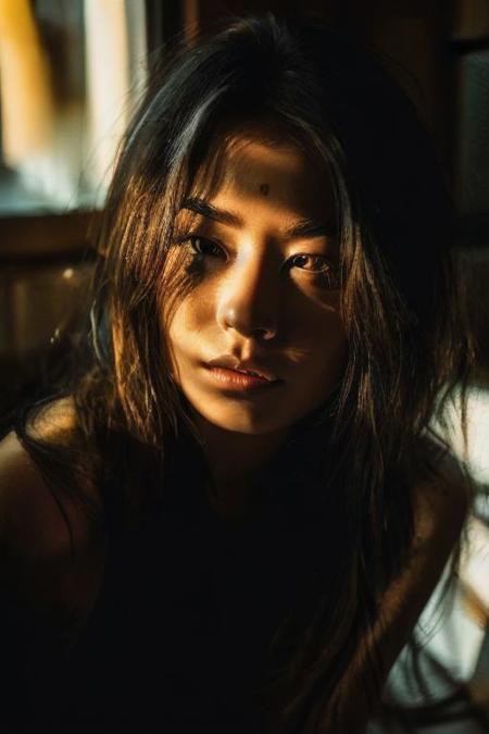 In a low-key style with the grainy texture of expired film, the photo offers a close-up view from above of a photo-realistic close-up medium shot of a beautiful girl's figure laying down in a bathtub, depicted in full body. One hand is reaching down out of the bathtub, holding a wine bottle. The attention to detail captures every nuance of the subject's features and attire, creating a lifelike representation that almost breathes with realism. Against the backdrop of vibrant, full-color, saturated neon city lights visible through the big windows, the scene comes alive with a plethora of hues and tones, infusing warmth and urban energy. The subject's expression exudes a sense of calm amidst the bustling cityscape. Bathed in the dim neon-colored light from the blacked-out large windows showcasing the city's glowing neon signs, the scene is a captivating mix of dramatic shadows, heightened by a subtle rim light tracing along her silhouette, and accentuated by a soft hair light adding dimension and allure to her hair strands.