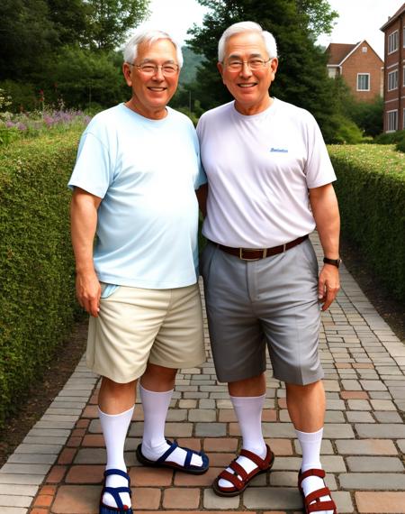 Masterpiece, absurdres,HDR, wallpaper quality ,highly detailed eyes and face,smiling, excited,socksandals, footwear, socks with sandals, two men standing next to each other on a brick road ,wearing socksandals, <lora:socksandals:1>