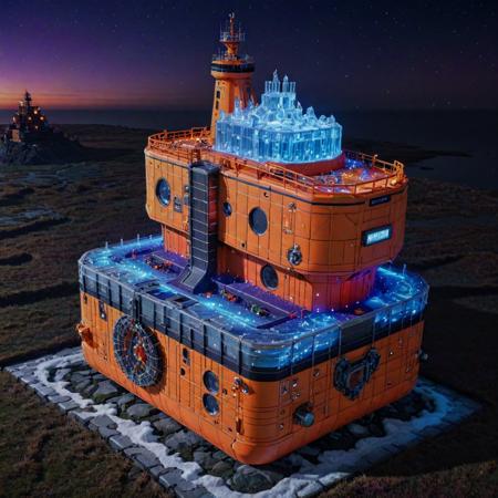 anime key visual, intricate details, (electric orange theme:0.7) , wide shot of a Tudor (Icebreaker:1.3) , it is very Distinguished and Absurd, it is smooth, it is engraved with stripes and Bewitching details, dungeon and Lichen background, desolate grass and Gemini constellation in background, at Blue hour, deep focus, Detailed illustration, Lonely, Academism, Side lighting, L USM, Colorful, Swirling Red, fluorescent purple and deep blue details, pixiv, dslr