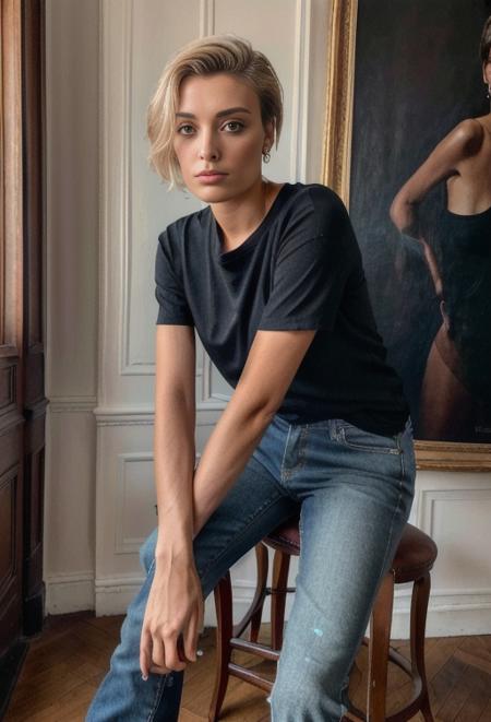 wallis day fashion portrait photo of a beautiful 26 y.o woman in a paris cafe, seated in front camera, legs stretched out, heels,  wearing a black plain t-shirt and  long jeans, moody, vines, organic, modern, (high detailed skin:1.2), 8k uhd, dslr, soft lighting, high quality, film grain, Fujifilm XT3   <lora:wallis_day_sd1.5_44:1>