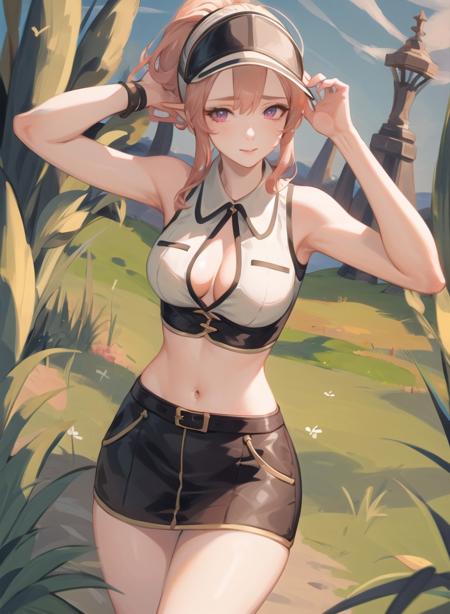 1girl,masterclass,best quality, illustration,  outdoors,cowboy_shot,  standing,ClemenceauGolf, collared_shirt, white_shirt,pencil_skirt,cleavage,miniskirt, ponytail,   sleeveless_shirt,    visor_cap,  white_headwear,  <lora:clemenceau_d8_v2_e6:1>